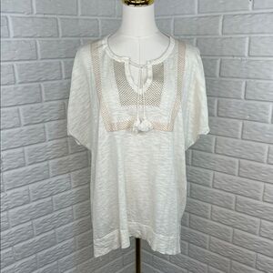 J.CREW BOHO EMBROIDERED 100% COTTON KNIT CAP SLEEVE IVORY TOP SZ XL